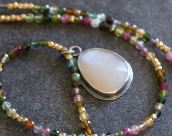 Peach Moonstone Pendant, Multi Tourmaline Necklace, Sterling Silver Multi Stone Necklace, Layering Necklace... I Dream In Color