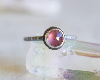 Rose Cut Pink Tourmaline Sterling Silver Ring, Sparkle Stacking Band