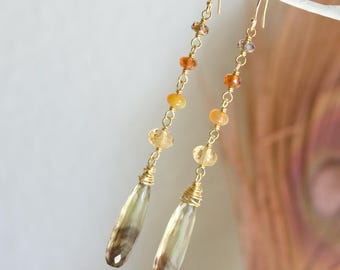 14k Gold Fill Gemstone Drop Earrings, Lemon Quartz, Citrine, Opal, Tourmaline, Wire Wrapped Jewelry