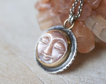 Man in the Moon Peach Moonstone Mixed Metal Pendant Necklace, 18K Gold & Sterling Silver