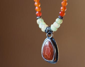 Laguna Agate Pendant Necklace, Ethiopian Opal, Carnelian, Sterling Silver Layering Jewelry