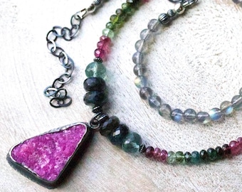 Cobalto Calcite Drusy Pendant Necklace, Sterling Silver Multi Stone, Aquamarine Tourmaline Labradorite