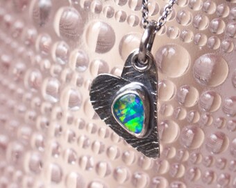 Australian Black Opal Heart Necklace, Natural Opal Necklace, Fire Opal Necklace, Crystal Opal Sterling Silver Heart Pendant... L'Amour...