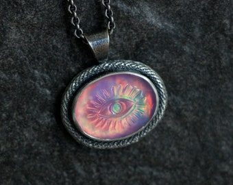 Aurora Opal Evil Eye Necklace, Rose Cut Opal Necklace, Multicolor Opal Pendant Necklace, Sterling Silver Opal Pendant... Fire & Light...