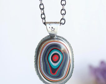 Jeep Fordite Pendant Necklace, Sterling Silver, Colorful Layers, Reclaimed Automotive Paint