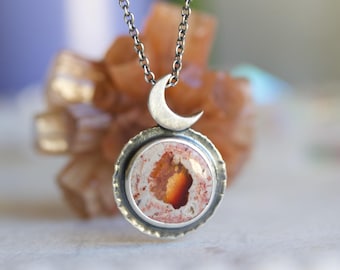 Mexican Boulder Opal Moon Necklace, Sterling Silver Crescent Pendant, Fire Opal Jewelry