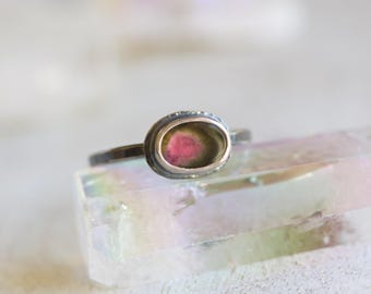 Watermelon Tourmaline Slice Sterling Silver Ring, Pink and Green Gemstone Cocktail Ring