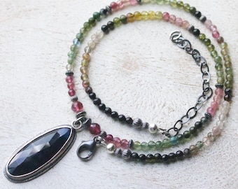 Multi Tourmaline Necklace with Blue Sapphire Sterling Silver Pendant, Adjustable Length