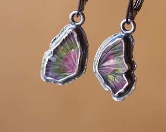 Carved Watermelon Tourmaline Butterfly Wing Sterling Silver Drop Earrings