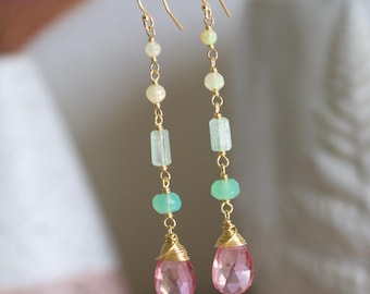 14k Gold Fill Long Gemstone Drop Earrings, Pink Topaz, Chrysoprase, Tourmaline & Opal, Wire Wrapped Jewelry