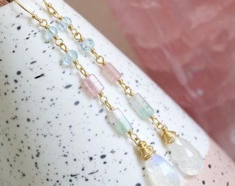 14k Gold Fill Long Gemstone Drop Earrings, Moonstone, Tourmaline & Swiss Topaz, Wire Wrapped Jewelry