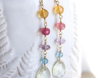 14k Gold Fill Gemstone Drop Earrings, Prasiolite, Blue Topaz, Amethyst, Tourmaline & Citrine, Wire Wrapped Jewelry