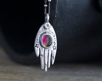 Watermelon Tourmaline Hamsa Necklace, Tourmaline Palm Reader Pendant, Sterling Silver Hand Pendant Necklace, Tarot Jewelry... The Oracle...