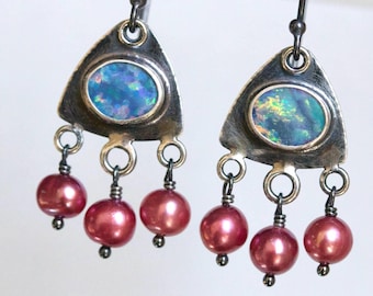 Australian Lightning Ridge Opal Sterling Silver Drop Earrings, Pink Pearls, Oxidized Silver