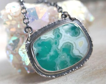 Gem Silica Sterling Silver Pendant Necklace, Chrysocolla Chalcedony, Collector Stone