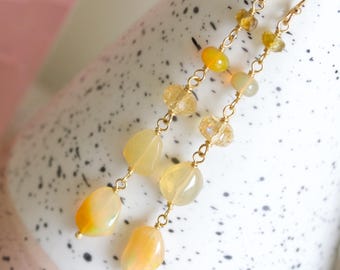 14k Gold Fill Long Gemstone Drop Earrings, Welo Opal, Petro Tourmaline & Citrine, Wire Wrapped Jewelry