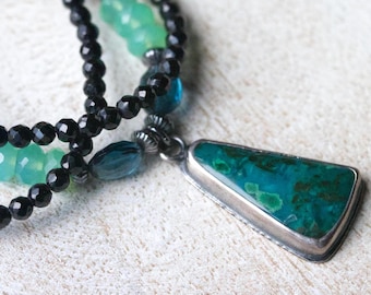 Gem Silica Pendant Necklace, Opal, Chrysoprase, Topaz, Onyx, Sterling Silver Beads