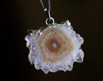 Raw Amethyst Stalactite Slice Pendant: Oxidized Sterling Silver Necklace