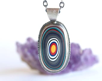 Jeep Fordite Pendant Necklace, Sterling Silver, Colorful Layers, Reclaimed Automotive Paint