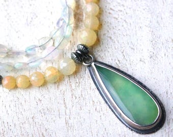 Opal and Chrysoprase Beaded Necklace with Chrysoprase Pendant, Sterling Silver Multi Stone Layering Necklace... I Dream In Color