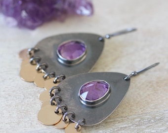Rose Cut Amethyst, Gold Fill and Sterling Silver Mixed Metal Chandelier Earrings... Paillette...