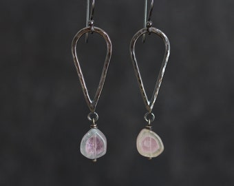 Pastel Tourmaline Drop Earrings, Natural Tourmaline Earrings, Tourmaline Slice Jewelry, Sterling Silver Dangle Earrings... Kismet...