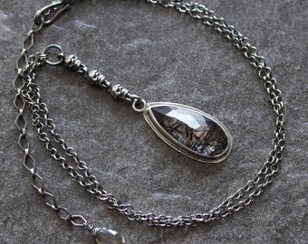 Oxidized Sterling Silver Skull Lariat Necklace: Tourmalinated Quartz, Halloween, Witchy jewelry