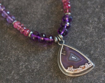 Purple Passion Agate Pendant Necklace, Amethyst Tourmaline Rose Quartz Necklace, Sterling Silver Multi Stone Necklace, Layering Necklace...