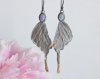 Cast Sterling Butterfly Wing Earrings With Australian Opal and 14 Karat Gold, Silver Butterfly Earrings, Butterfly Jewelry- On These Wings