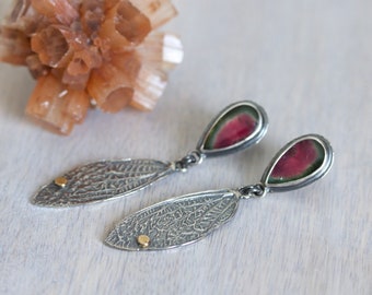 Cast Sterling Cicada Wing Earrings With Watermelon Tourmaline and 14 Karat Gold, Silver Wing Earrings, Butterfly Jewelry- On These Wings