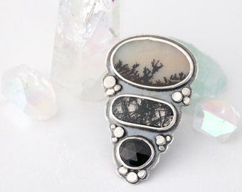 Dendritic Agate, Tourmalinated Quartz, Black Tourmaline, Statement Ring, Sterling Silver Cocktail Ring... Size 7.25... I Dream In Color...