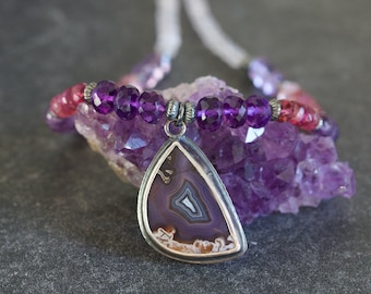 Purple Passion Agate Pendant Necklace, Amethyst Tourmaline, Sterling Silver