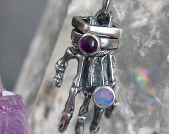 Australian Opal Amethyst Sterling Silver Skeleton Hand Pendant Necklace