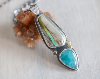 Royston Turquoise, Larimar & Sunstone Pendant: Sterling Silver Mixed Metal Necklace