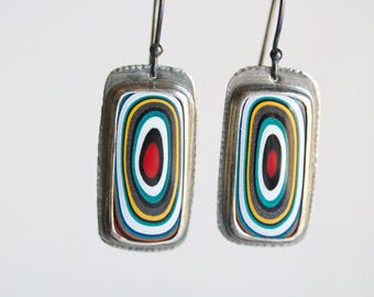 Fordite Jeep Earrings, Sterling Silver, Detroit Agate Jewelry, Colorful Layers