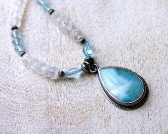 Moonstone and Swiss Blue Topaz Necklace with a Larimar Pendant, Sterling Silver Multi Stone Necklace, Layering Necklace... I Dream In Color