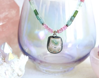 Ocean Jasper Pendant Necklace, Sterling Silver, Tourmaline, Rose Quartz, Layering Necklace