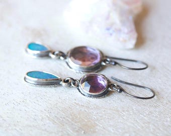 Teal Australian Opal Rose Cut Amethyst Sterling Silver Dangle Earrings, Multi Stone Earrings, Oxidized Finish