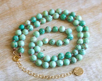 Peruvian Turquoise Gemstone Beaded Necklace: Candy Necklace, Hand Knotted Silk , Silk Knotted Necklace
