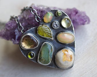 Gemstone Heart Pendant: Mexican Opal, Tourmaline, Sterling Silver Necklace