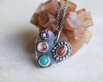 Rainbow Gemstone Heart Necklace: Sterling Silver Pendant