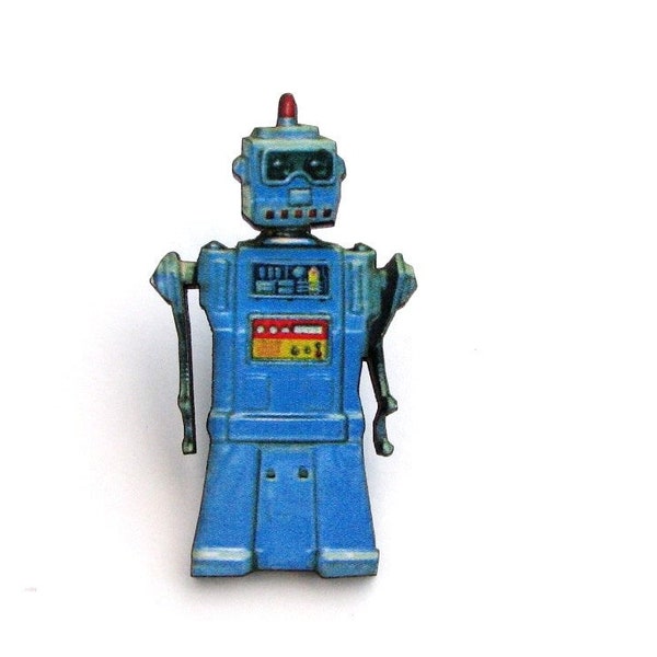 blue retro robot pin brooch or tie tack, old mechanical tin toy inspired