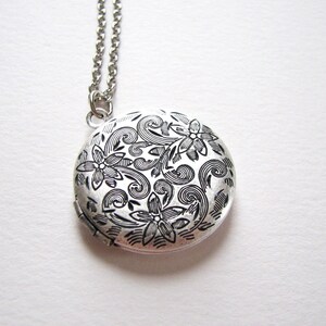 engraved floral locket necklace, antiqued silver tone on your desired length of chain, photo locket image 9