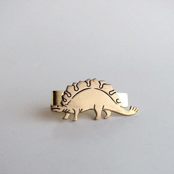 dinosaur tie clip . stegosaurus tie clip . golden brass tie clip . mens accessories