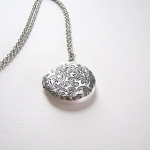 engraved floral locket necklace, antiqued silver tone on your desired length of chain, photo locket image 5
