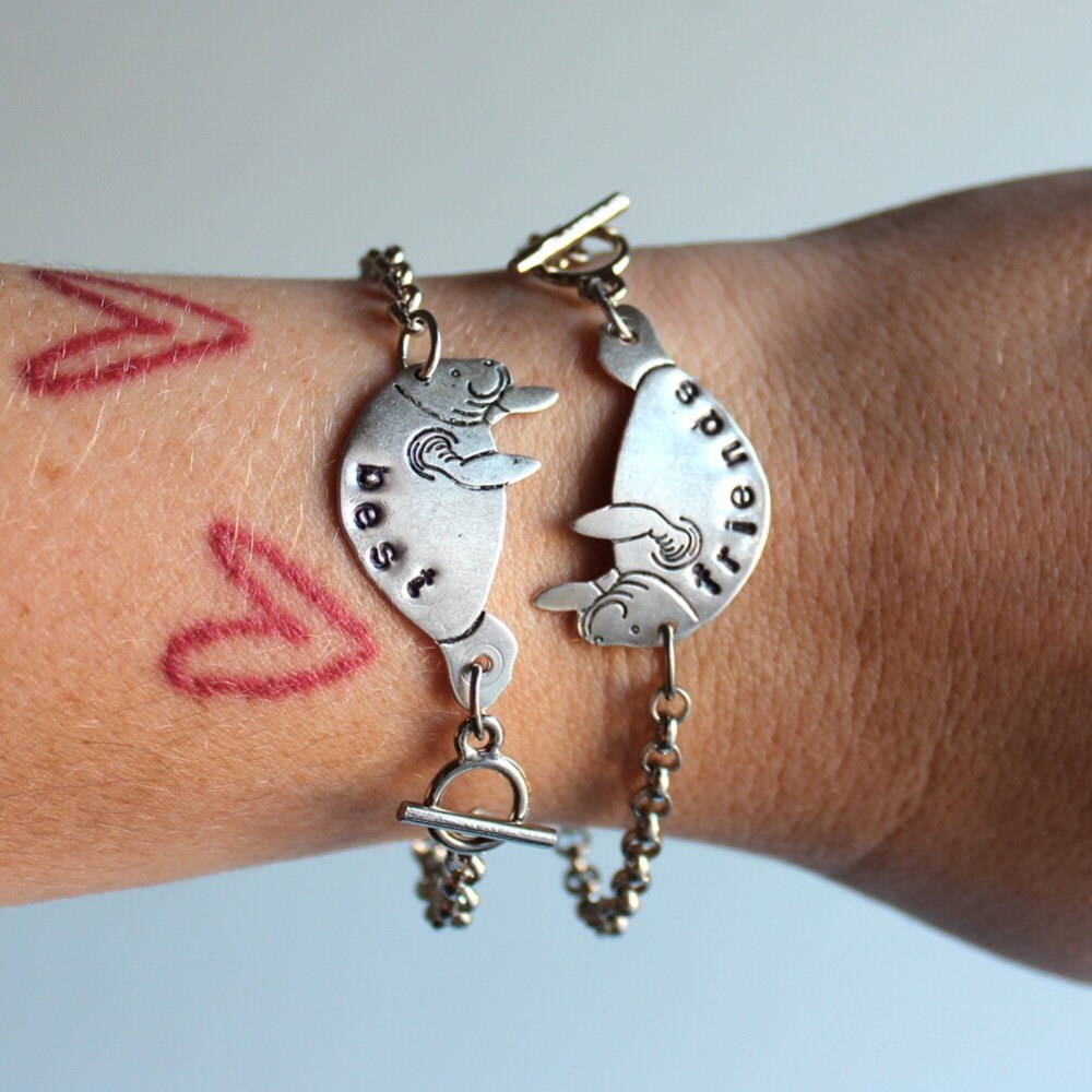 best friends manatee bracelet set silver personalized custom | Etsy