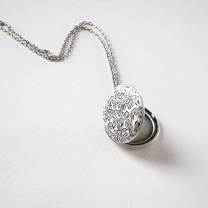 engraved floral locket necklace, antiqued silver tone on your desired length of chain, photo locket image 10