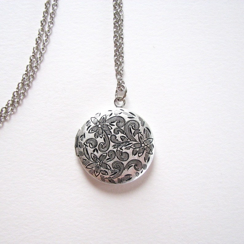 engraved floral locket necklace, antiqued silver tone on your desired length of chain, photo locket image 6