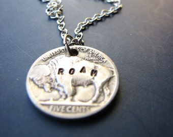 buffalo nickel necklace - where the buffalo roam - bison - hand stamped coin