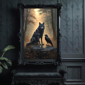 Wolf Raven Art Print Dark Gothic Fantasy Mystical Dream Animal Wildlife Forest Woods Crow Corvid Bird Nature Lover Dark Academia Gift